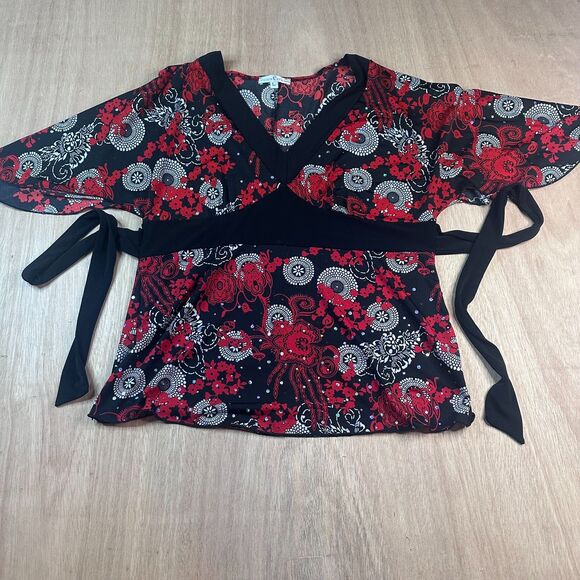 Moa Moa Black Red Floral Wrap Top L Made in USA Kimono Sleeve Boho - Picture 1 of 4